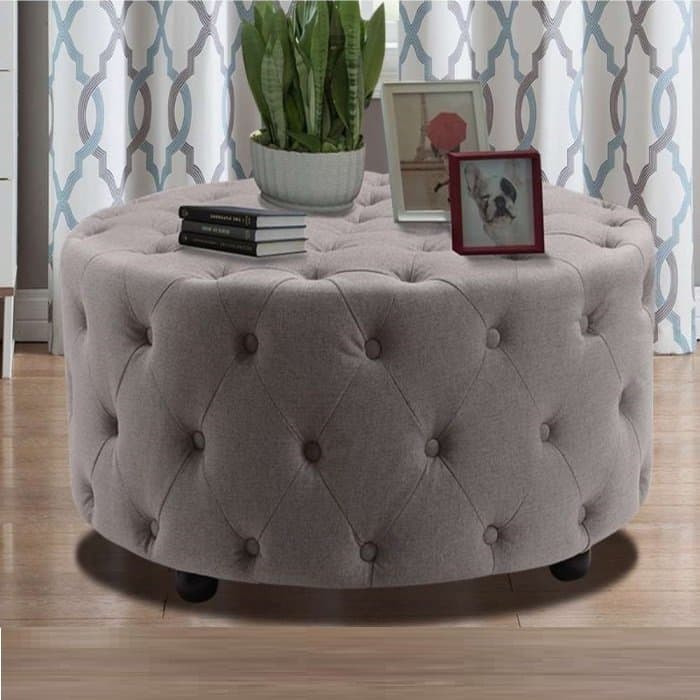 Linen Tufted Round Ottoman thumbnail 2