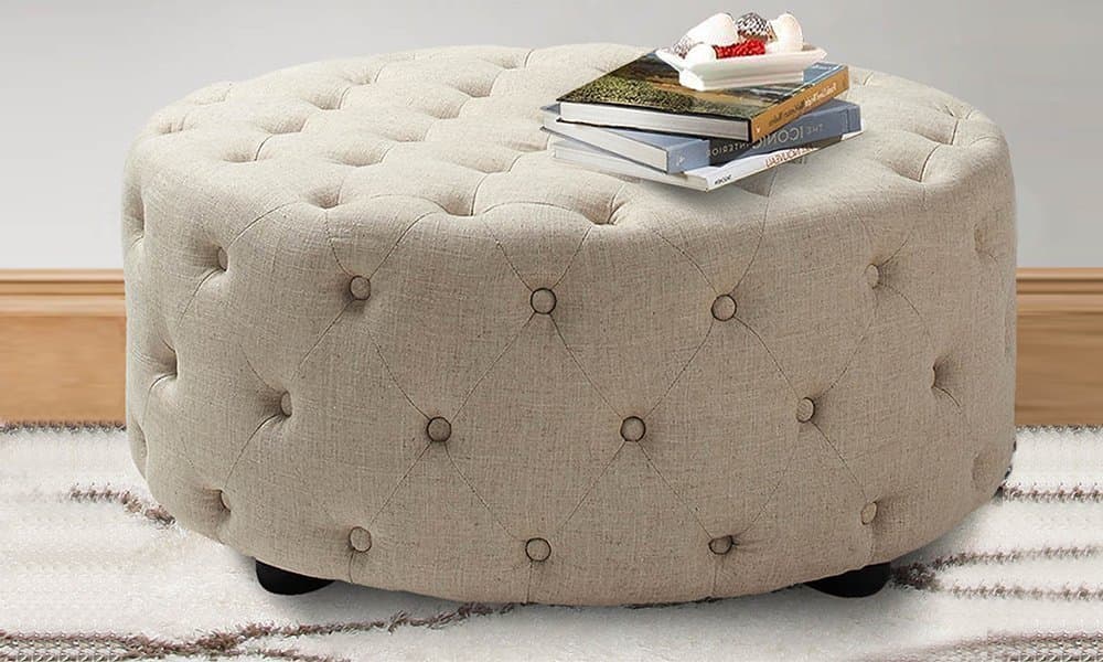Linen Tufted Round Ottoman thumbnail 3