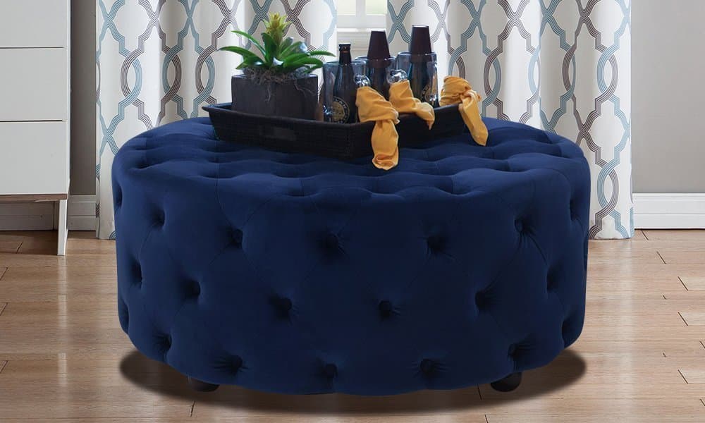 Linen Tufted Round Ottoman thumbnail 4