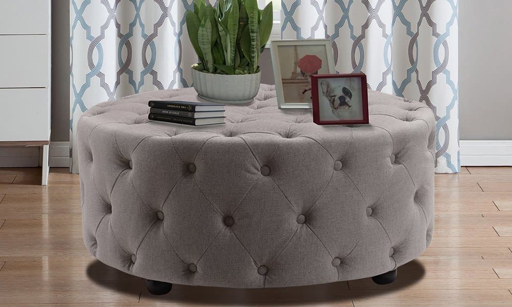Linen Tufted Round Ottoman thumbnail 1