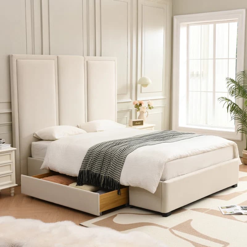 Morghen high headboard bed with drawers thumbnail 1