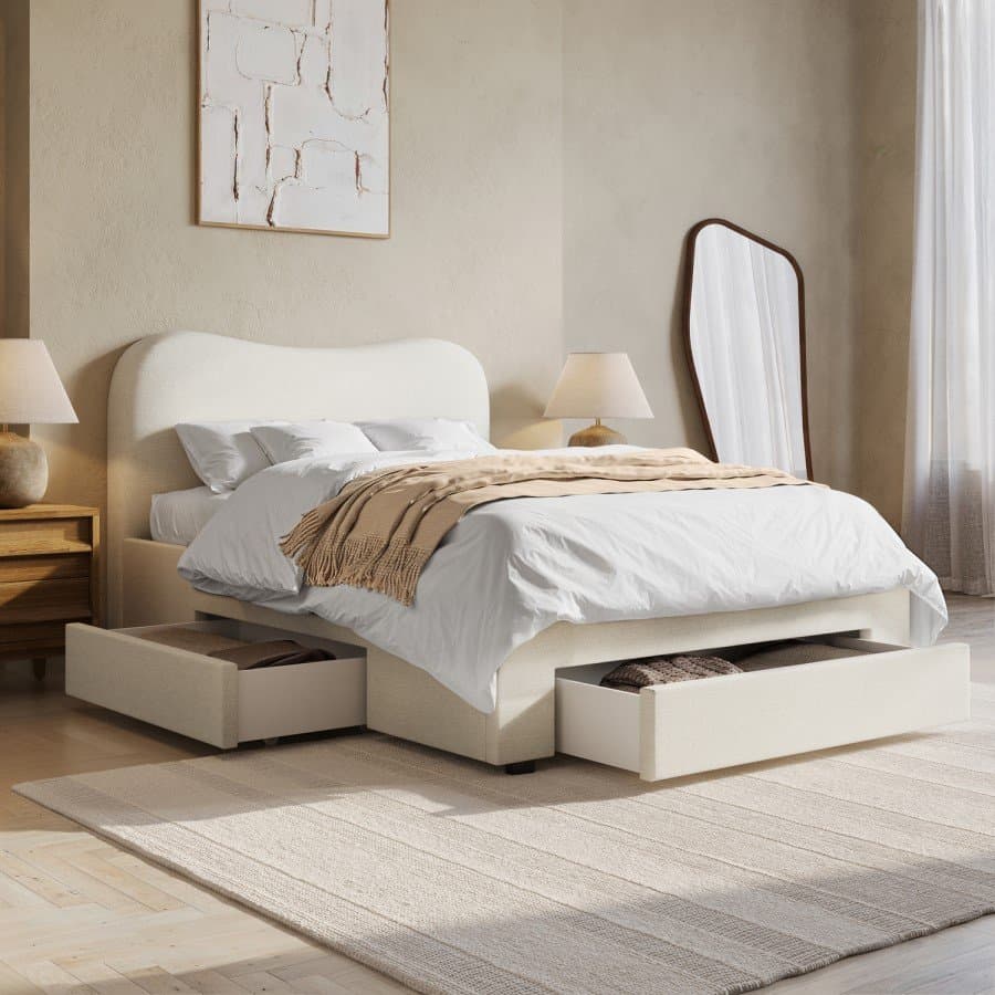 Cream Upholstered Double Bed Frame with Storage main product image
